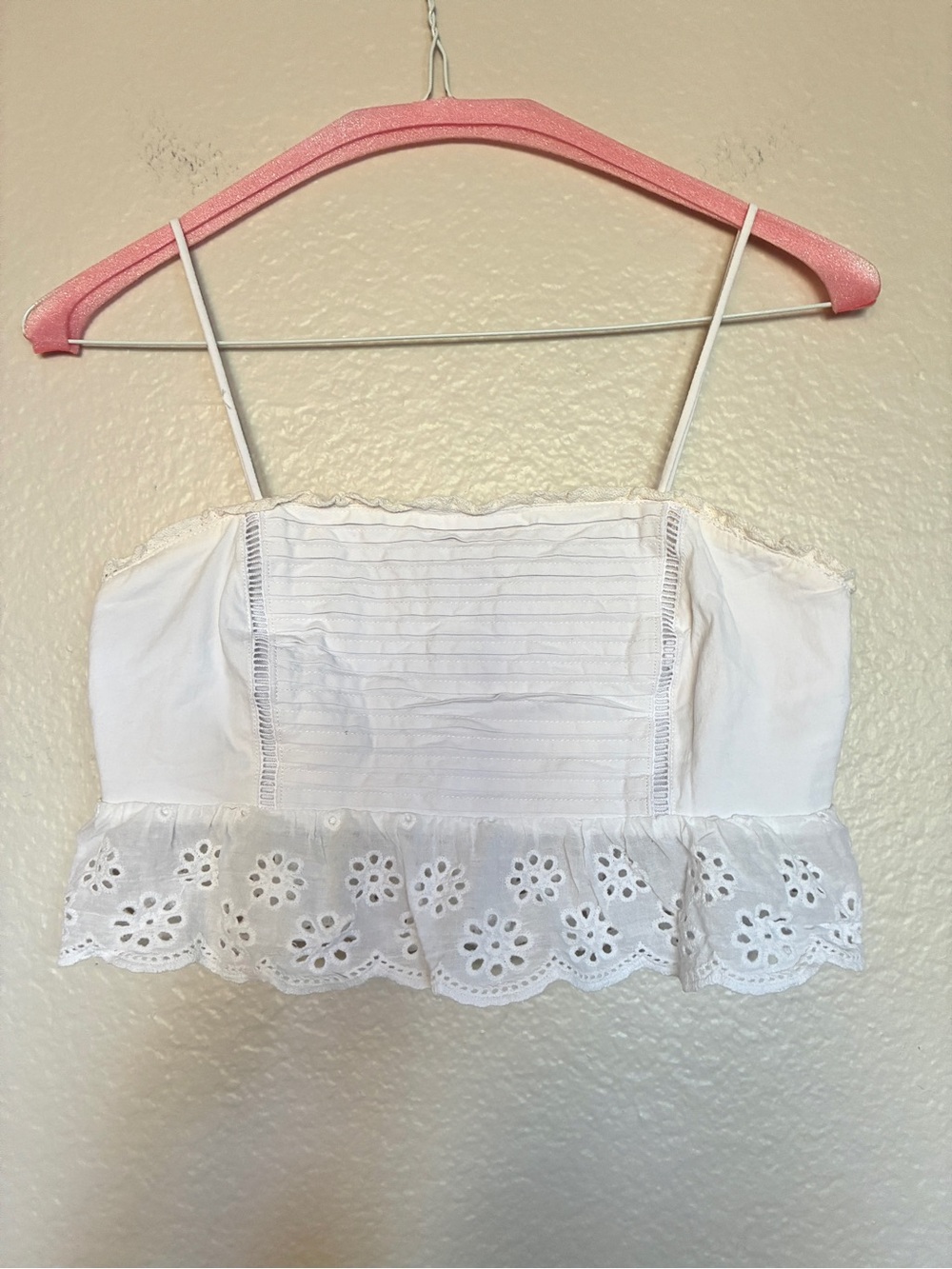 Tic Toc White Eyelet Ribbed S Lace Crop Cami Top Scallop Hem Cottagecore Summer